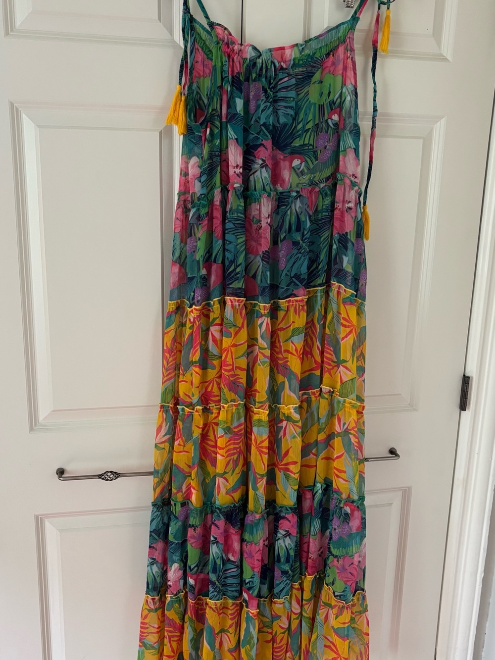 Tropical Tiered Swim Coverup Sundress in Pink, Green & Yellow